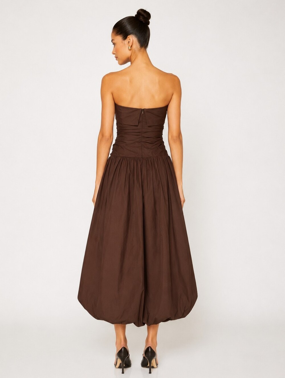 Nia Freya Chocolate Brown Strapless Bubble Hem Midi Dress New Size L - Picture 2 of 9